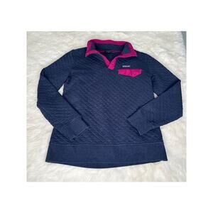 Patagonia Women's Organic Cotton Quilt Snap T Pullover Sz Small Navy Blue Pink